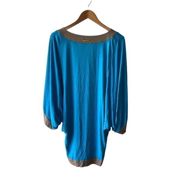Trina Turk Size M Blue and Tan Choir Sleeve Modal Tunic Top Or Mini Dress - Picture 3 of 5
